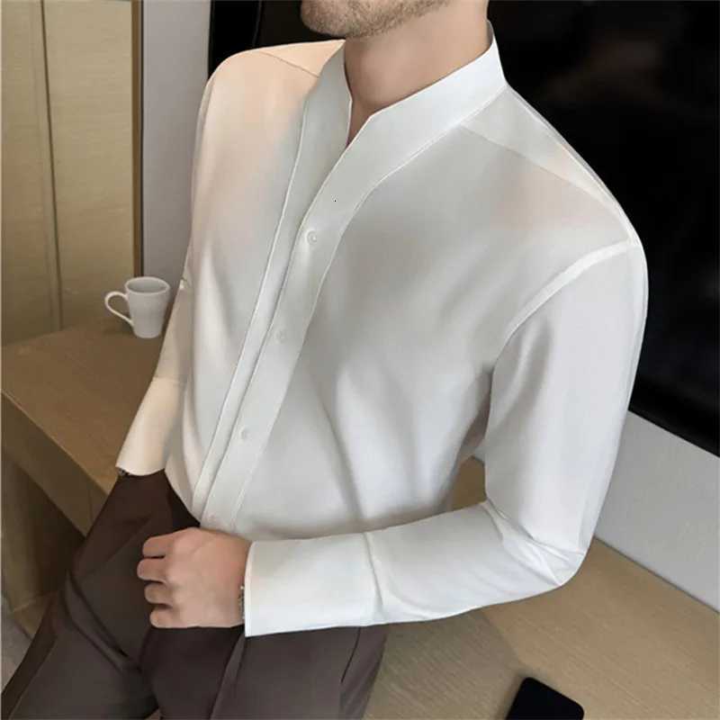 French Shirts Men Collarless Long Sleeve Solid Color Casual Shirt Mens Business Style Spring Autumn Daily BlouseW251127