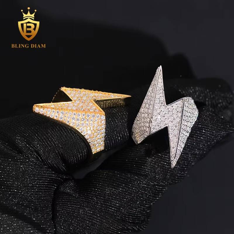 New Style High Quality Hip Hop Jewelry 925 Sterling Silver Lightning Iced Out Ring Men Diamond Moissanite Ring
