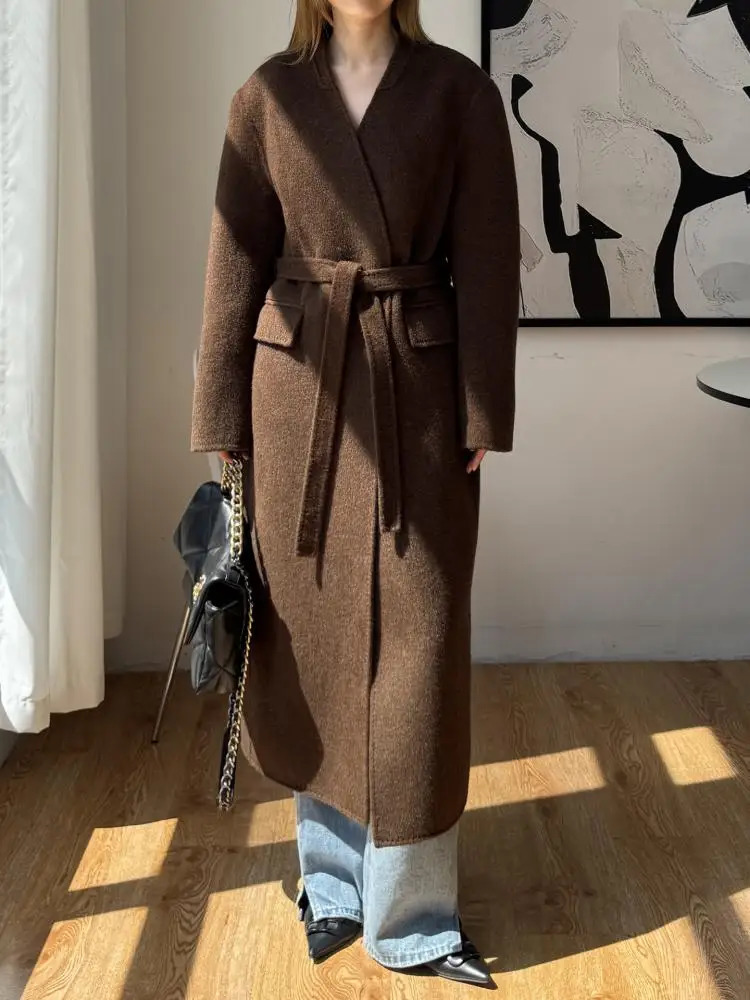 Office Lady Pink LaceUp Cashmere Woolen Jackets Autumn And Winter VNeck Adjustable Loose Womens Long Wool Coats 251126 - view 3
