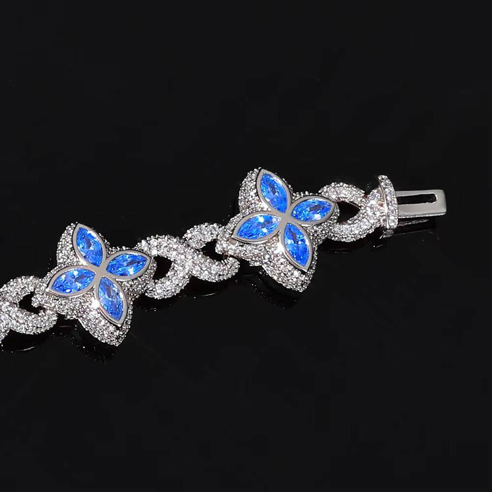Eskeem Infinite Miami Cuban Chain Bracelet Blue Four Leaf Clover Iced Zircon Hip Hop Fine Jewelry