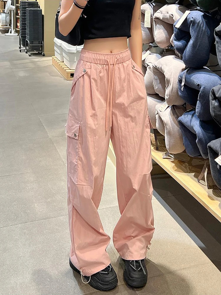 Street Clothing Parachute Cargo Pants Womens Y2K High Waist Loose Solid Pocket Wide Leg Pants 250427