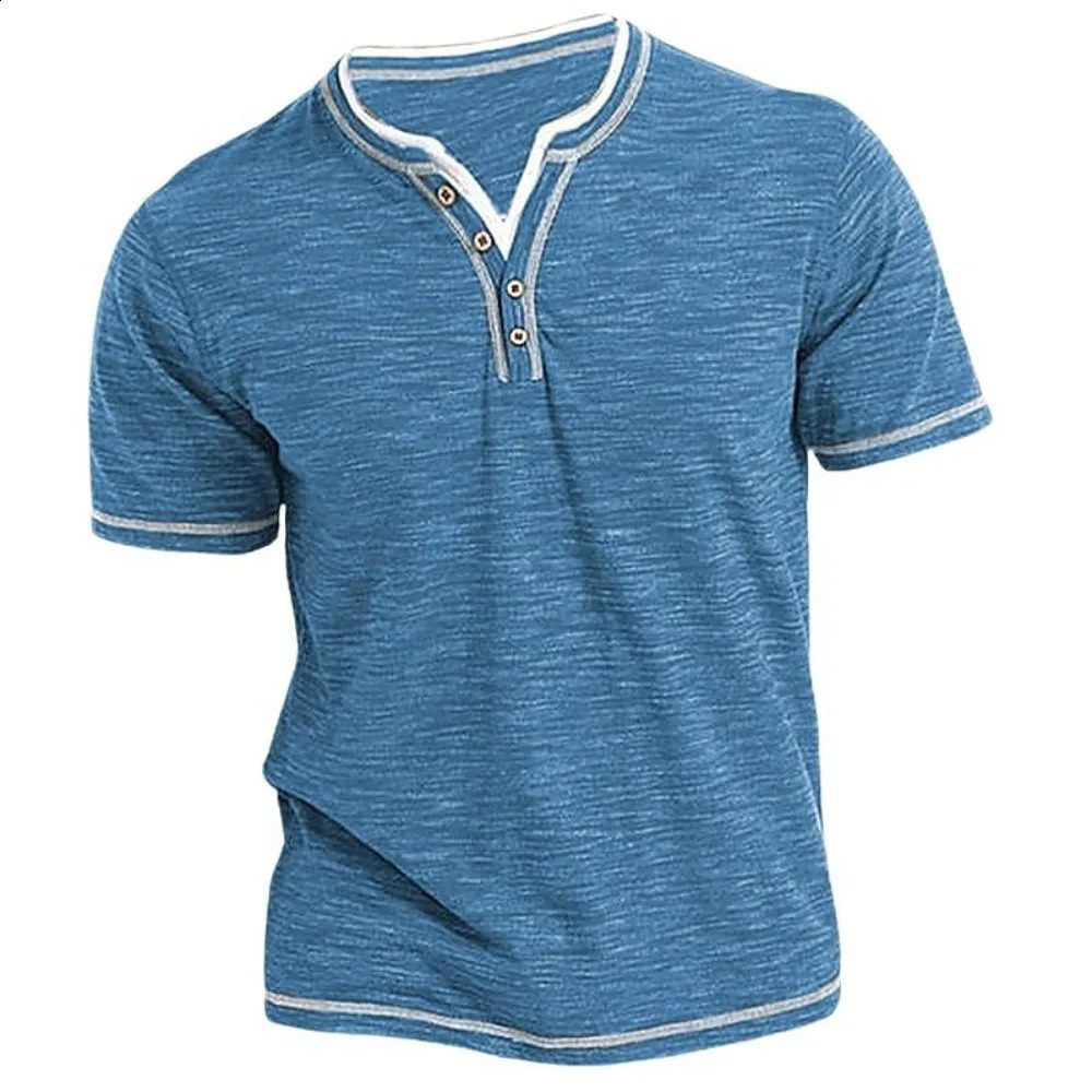 cotton small V-neck short sleeved T-shirt for mens casual Henley collar casual slim fit elastic top T-shirt 250427