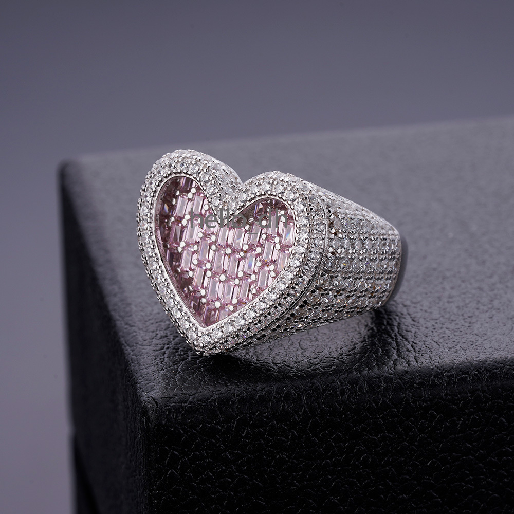 Fashion Jewelry Solid 925 Silver Iced Out Baguette moissanite Diamonds Ladies Pink 3D Heart Ring