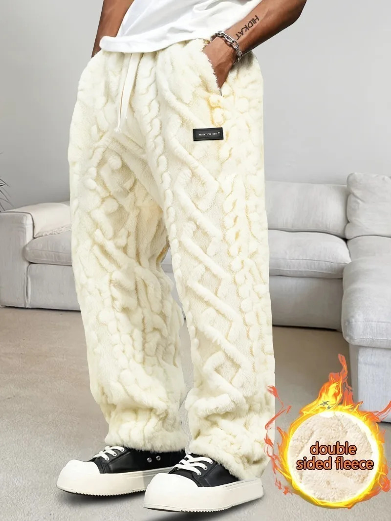 MenS Winter Warm Fleece-Lined Pants with Drawstring Waist - Cozy Geometric Pattern Lightweight Comfortable Outdoor Activities 251128