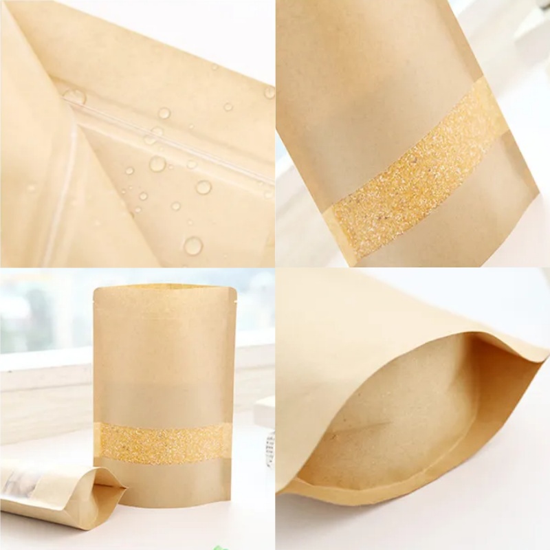 Reusable Kraft Paper Self-Seal Zipper Bags with Clear Window for Dried Fruits & Nuts - 10x15 cm