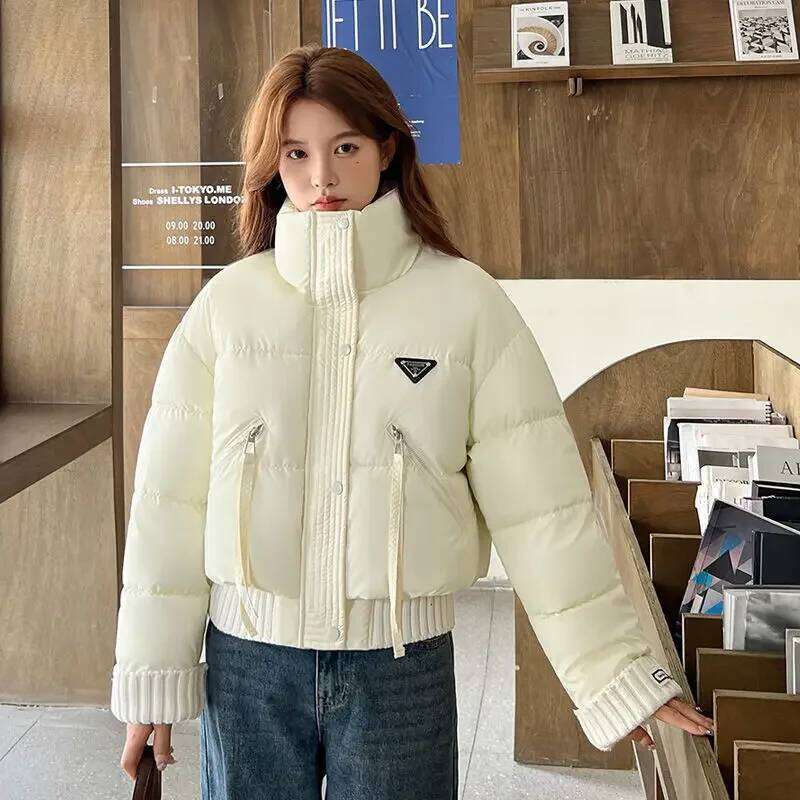 Korean Stand Collar Cropped Jacket Winter Coat Women's Clothing Trend Puffer Jackets Warm Streetwear Knit Patchwork Long Sleeve