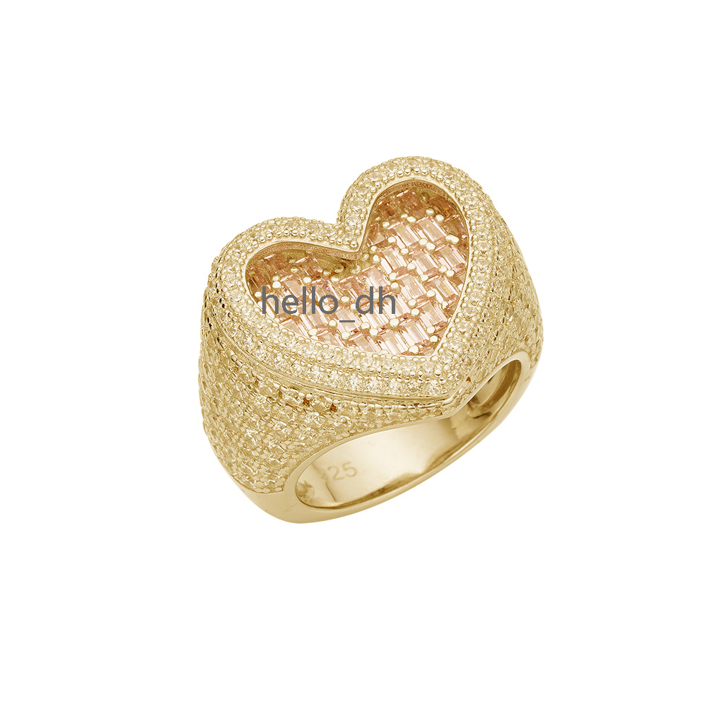 Fashion Jewelry Solid 925 Silver Iced Out Baguette moissanite Diamonds Ladies Pink 3D Heart Ring