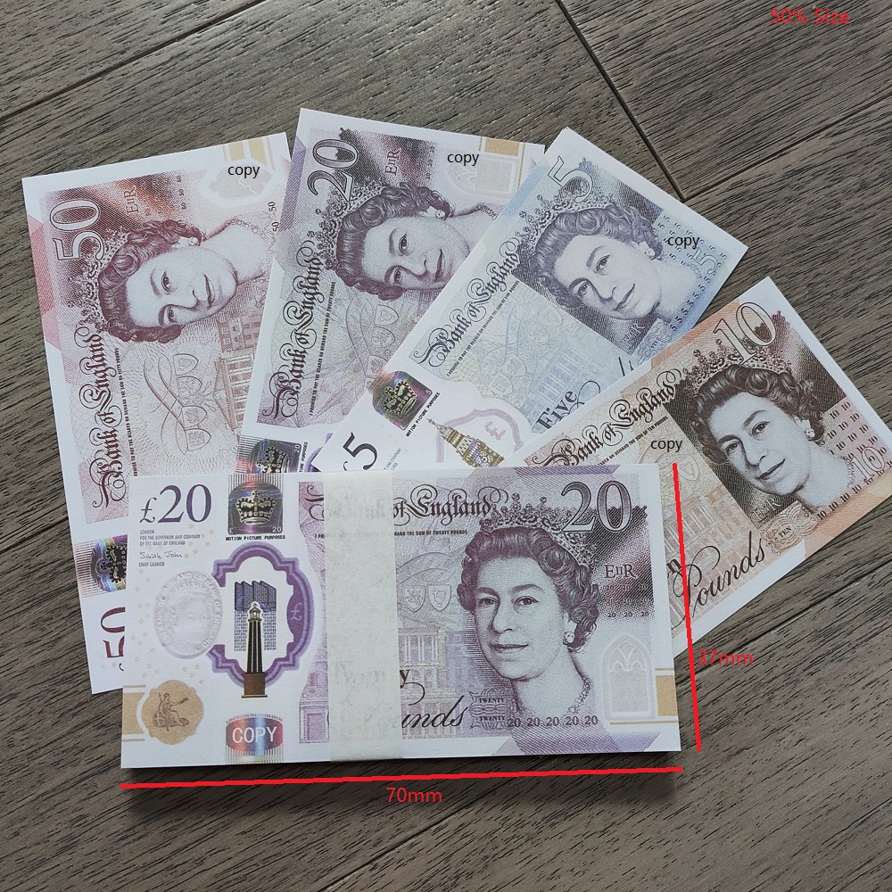 Festive Party Supplies Fake Money UK Funny Toy Realistic Uk Pounds Copy Gbp British English Bank 5 10 20 50 Pound Notes Perfect For Movies 70*37mm 50% Size