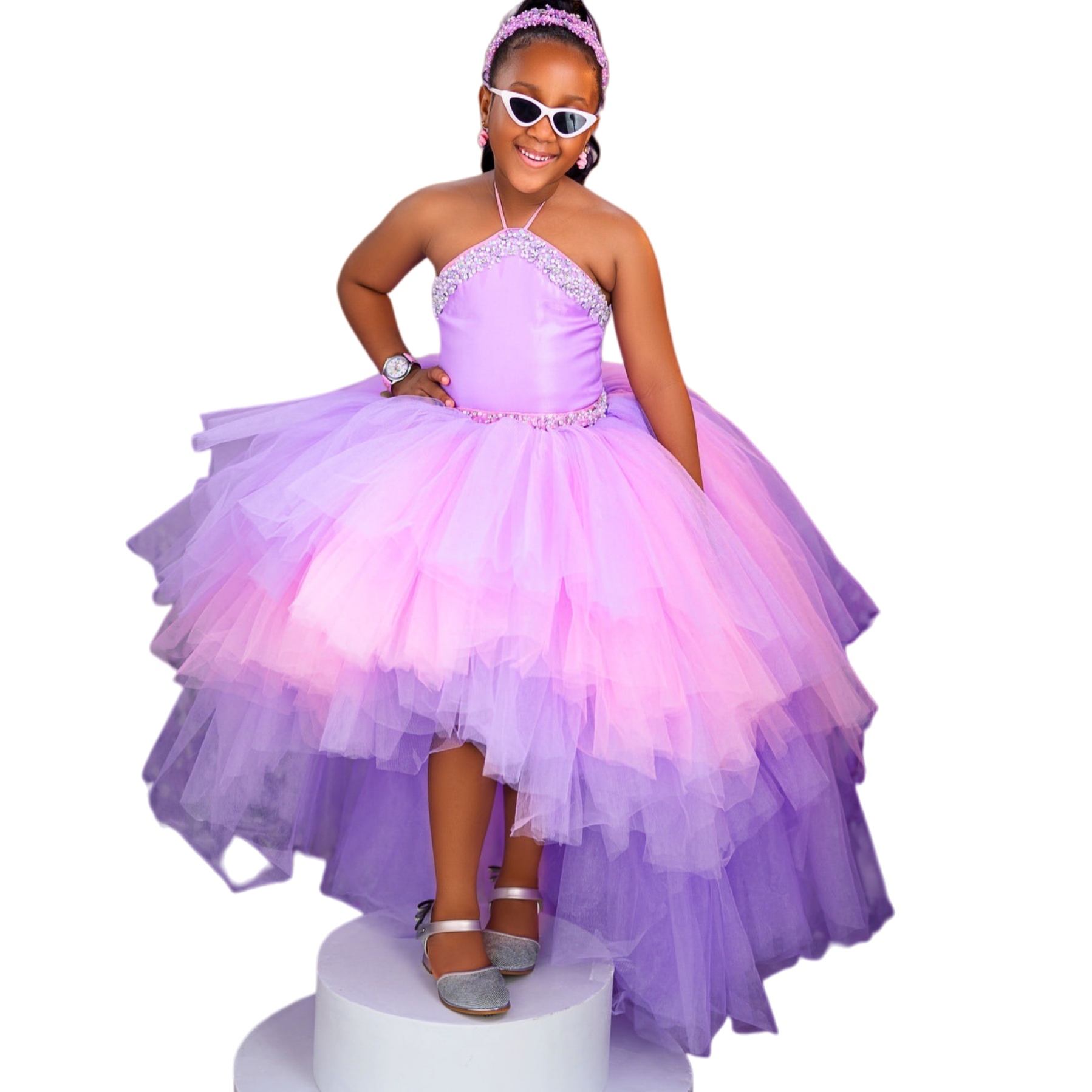 2026 Lilac Pink Ball Gown Flower Girl Dresses Halter Crystals Hi-Lo Tulle Little Girl Christmas Peageant Birthday Christening Tutu Dress Gowns ZJ422