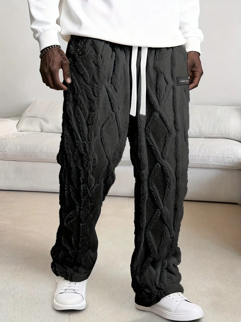 MenS Winter Warm Fleece-Lined Pants with Drawstring Waist - Cozy Geometric Pattern Lightweight Comfortable Outdoor Activities 251128