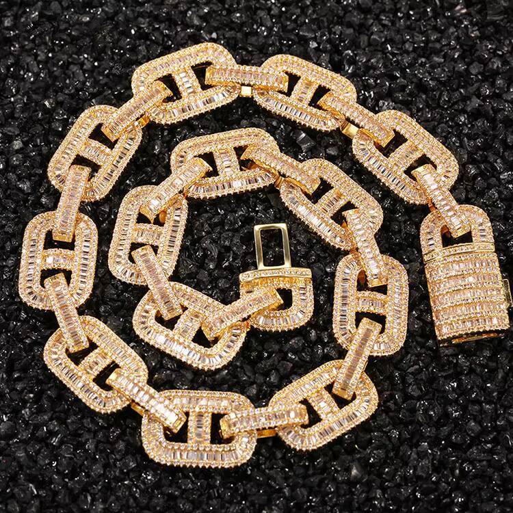 High Quality Custom Gold Plated Hip Hop Necklace 15mm Pig Nose Cuban Link Chain with Zircon for Men and Women
