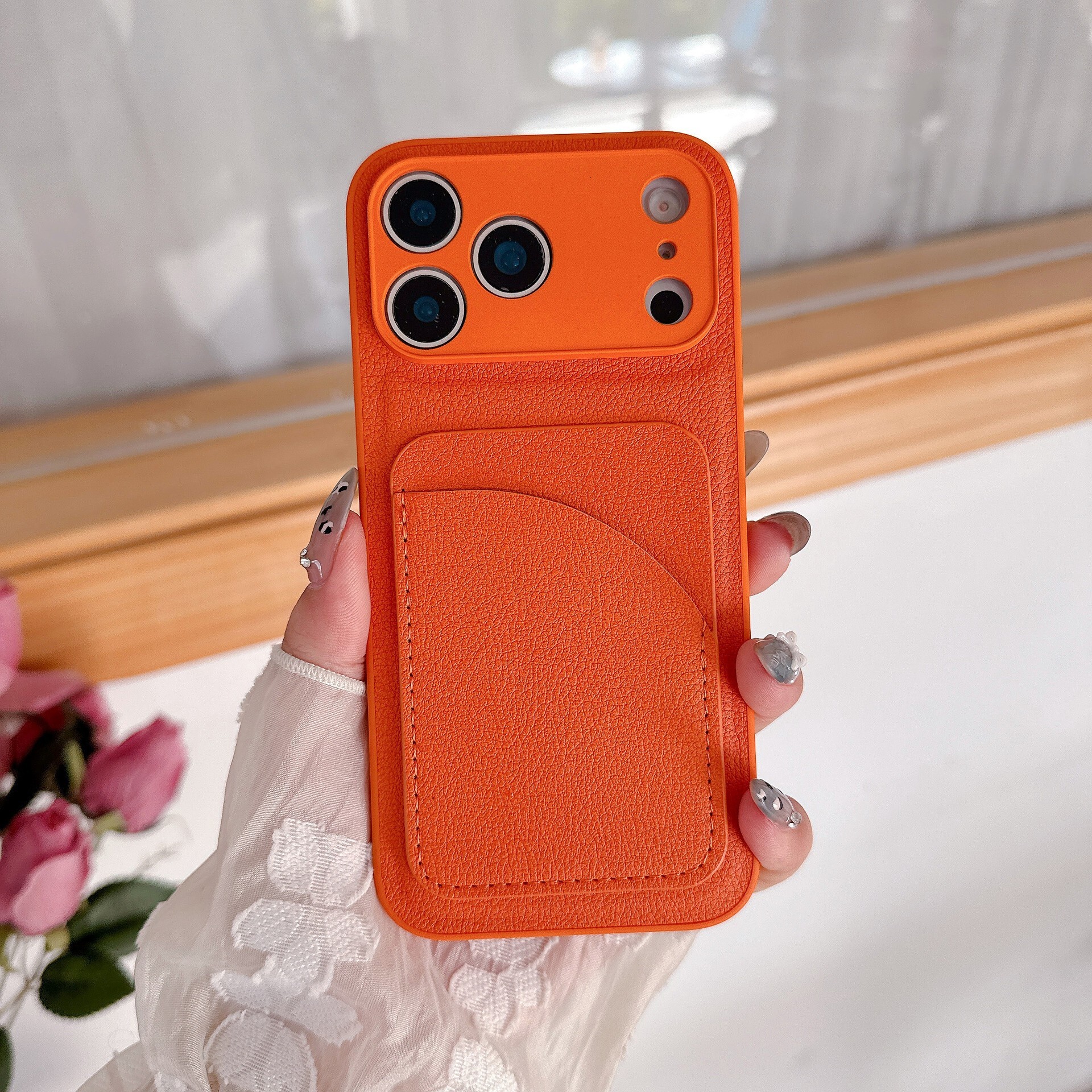 Orange Plain Leather Card Holder iPhone 17 Pro Max Phone Case Compatible with Apple 16 Pro Simple 15 Solid Color Business