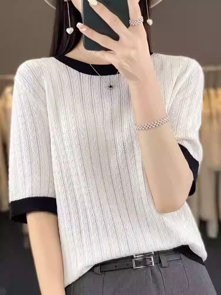 2025 Summer New Women's Round Neck Color blocked Ice Silk Knitted Short Sleeve Base Shirt Women's Hooded T-shirt Top