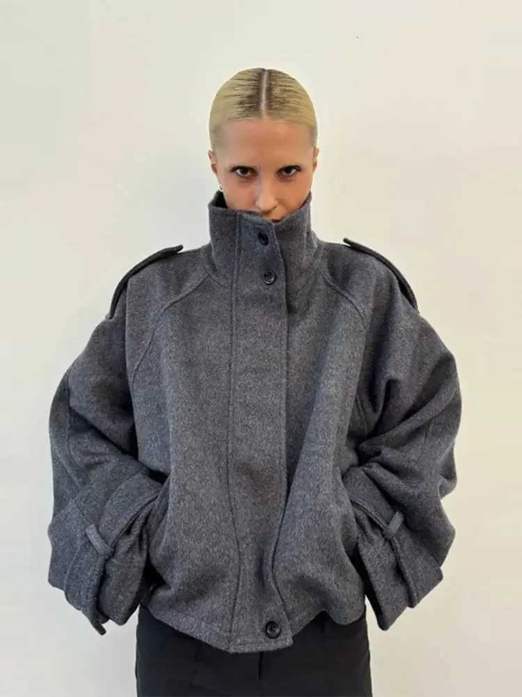 Casual Stand Collar Woolen Womens Coats Long Sleeve Single Breasted Pockets Thick Warm Jacket 2025 Autumn Winter Lady OuterwearXJ251127