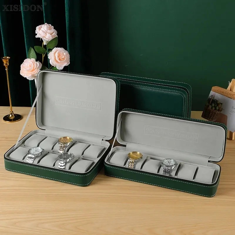 Jewelry Pouches 6/10/12 Slot Green Inside Gray Watch Pillow Storage Bag Zipper Box Portable Home Travel Organizer