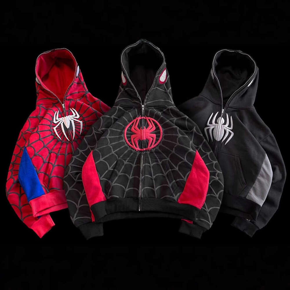 European and American Cross-Border New Gothic Dark Spider Print Hooded Cardigan Full Zip Loose Unisex Trendy Sweatshirt Jacket