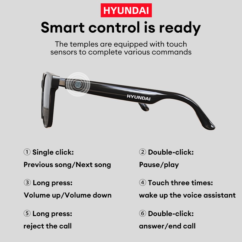 HYUNDAI Smart Glasses Bluetooth 5.4 Surround Sound Headphones Listen To Music Call Sunglasses HY-C8