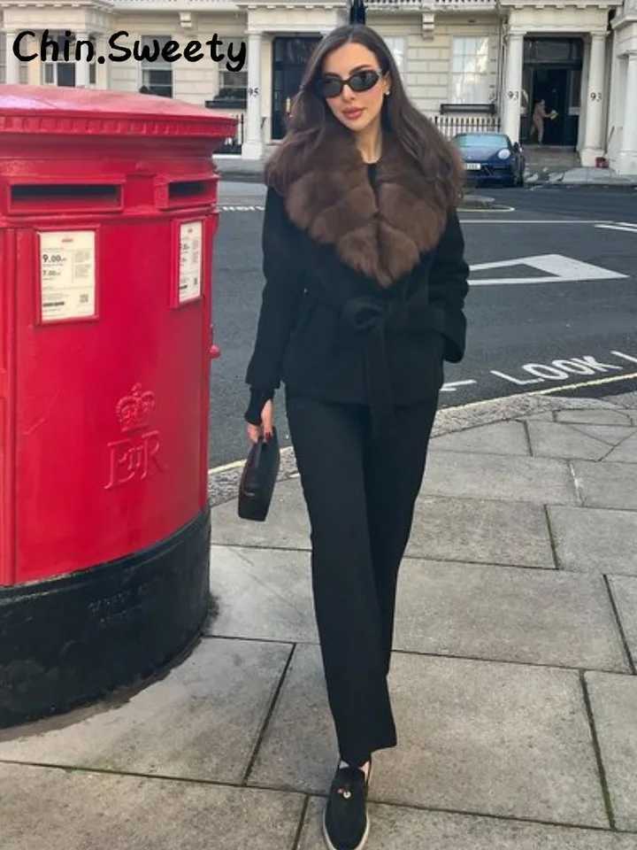 Chic Fur Collar Lace Up Woolen Coats Women Loose Solid Full Sleeve Pockets Female Jacket 2025 Autumn Lady Street Warm OutwearsXJ251127