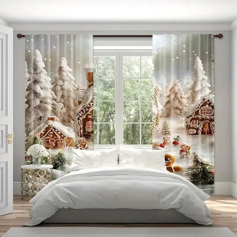 Curtain Christmas 2 pieces - Christmas curtains holiday snow scene and gingerbread man printed curtains home decorations room decorations Y251126