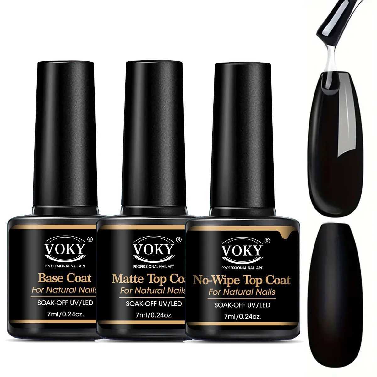 VOKY 024oz No Wipe Top Coat And Base Top Coat And Matte Top Coat Set - Shiny Finish Long Lasting Soak Off LED Nail Lamp GelT251127