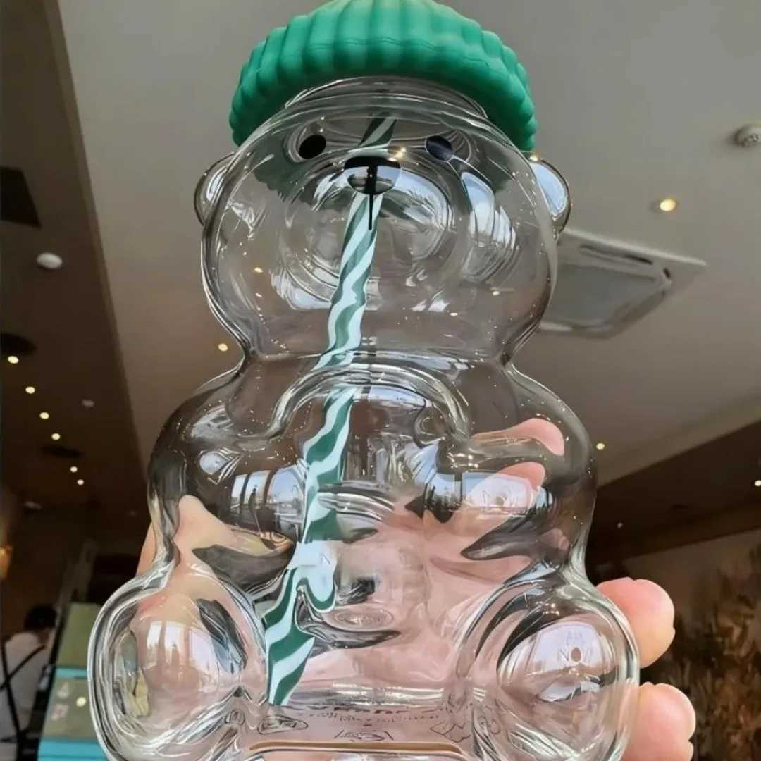 Bear Glass Mug 500ML Large Capacity Straight Drink Straw Cup With Cute Lid Portable For Daily Travel L251127