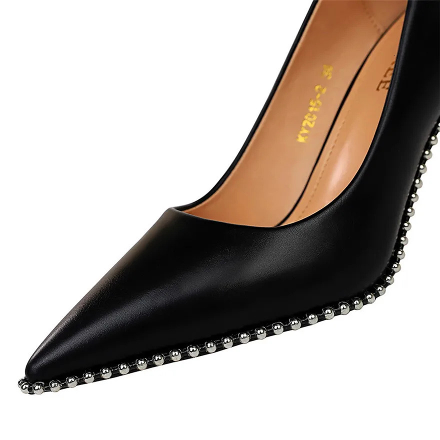 BIGTREE Sexy Rivets String Bead Womens Shoes Party Soft Leather Pointed Toe High Heels Pumps Spring Shallow Office Shoes Women 251125