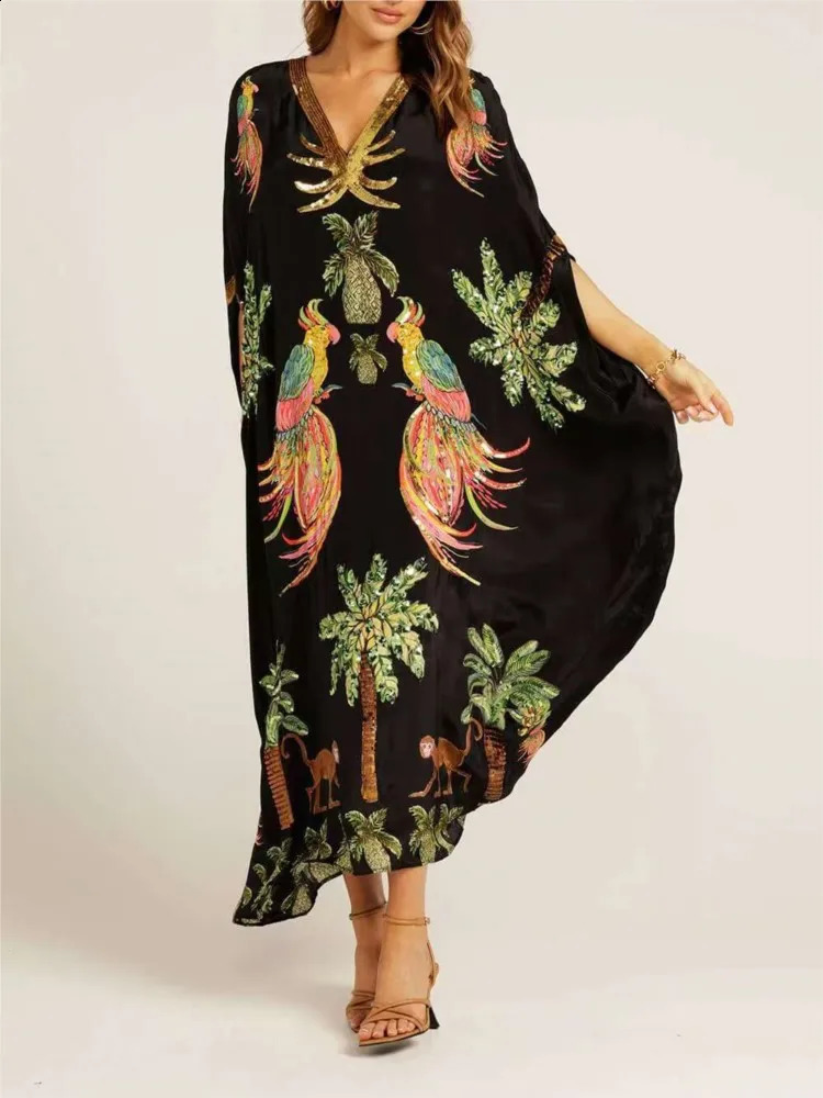 SpringSummer Bohemian Animal Pattern Printed Womens Long Dress Fashionable and Sexy Vneck Loose Elegant Retro 250420
