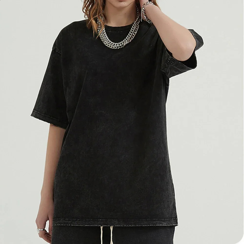 Mens washed T-shirt summer retro casual T-shirt loose T-shirt womens black pickled Y2k short sleeved hip-hop streetwear T-shirt 250427