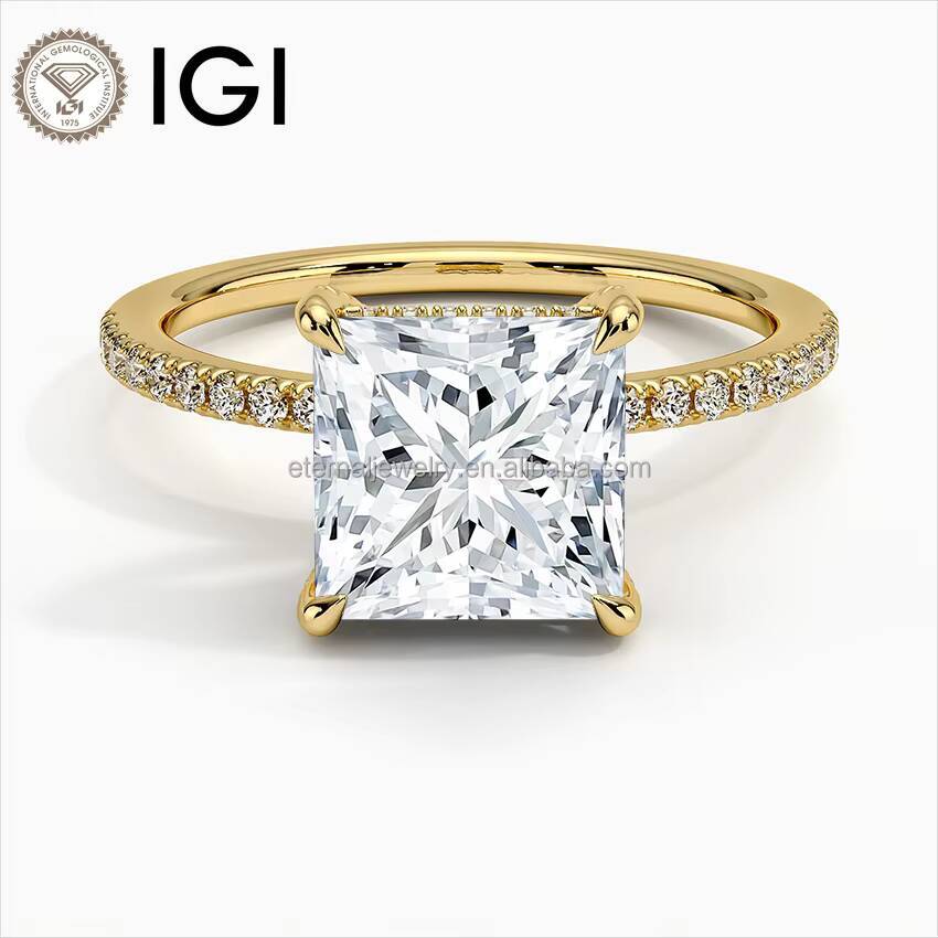 Women 9K 10K 14K 18K Solid Gold 1ct 15ct 2ct VVS Princess Cut IGI Laboratory Grown Diamond Hidden Halo Engagement Wedding Ring