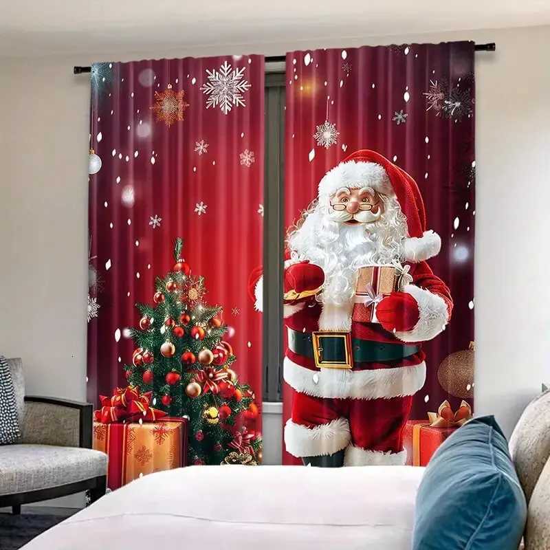Curtain Christmas 2 pieces of Santa Claus and the Christmas tree printed curtains pole bag curtains home decoration room decoration Y251126