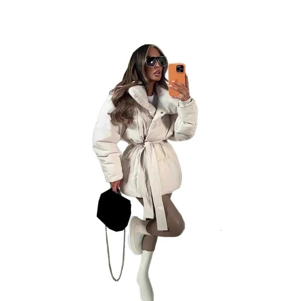 Zekye Womens Puffer Coat Large Lapel Collar Belted Waist Mid-Length Warm Winter Jacket Fashion Loose Padded OuterwearXJ251127