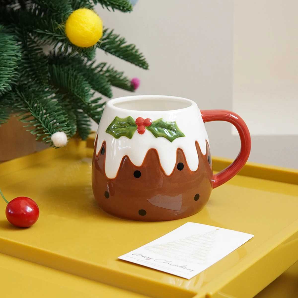 1Pc Christmas Pudding Ceramic Mug Creatively Designed Cake Coffee Cup with Sauce Exquisite and Beautiful Suitable for Christmas C251127