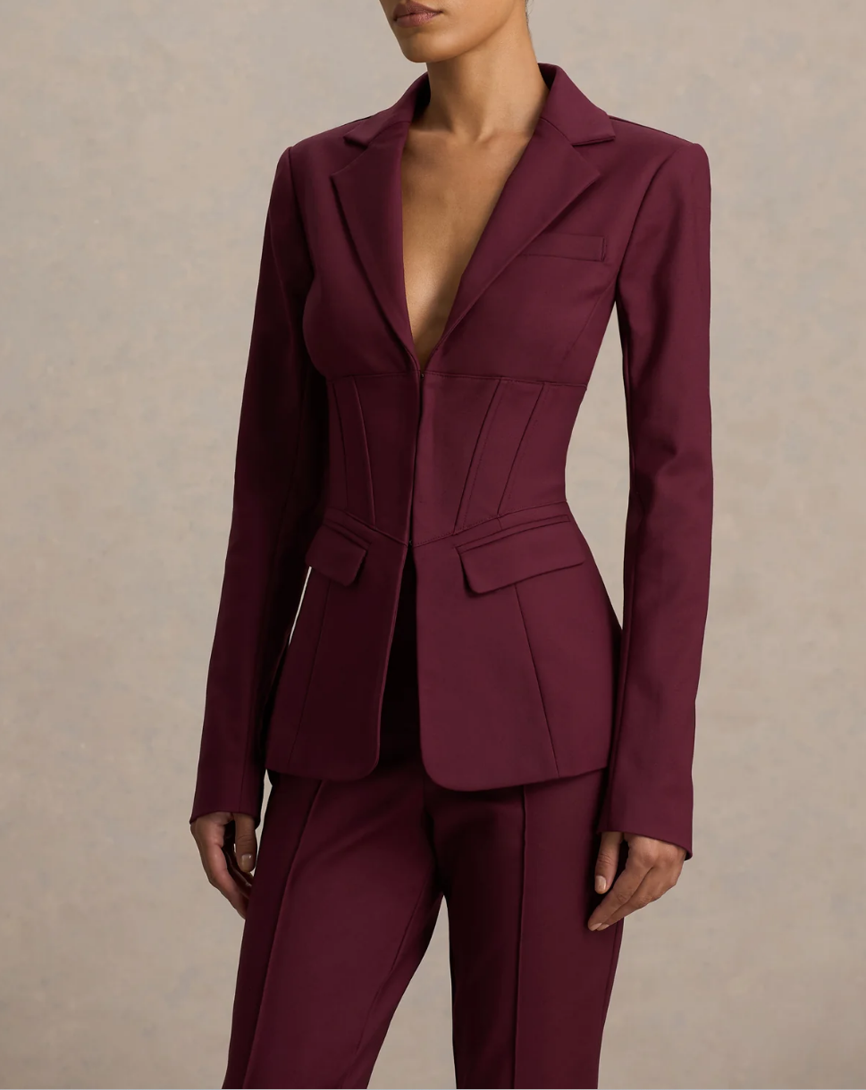 Women's Burgundy Corset Blazer: Premium Thick Crepe Fabric, Deep V Neckline, Corset Cinched Waist, Slim-Fit Formal Suit Jacket for Office & Party