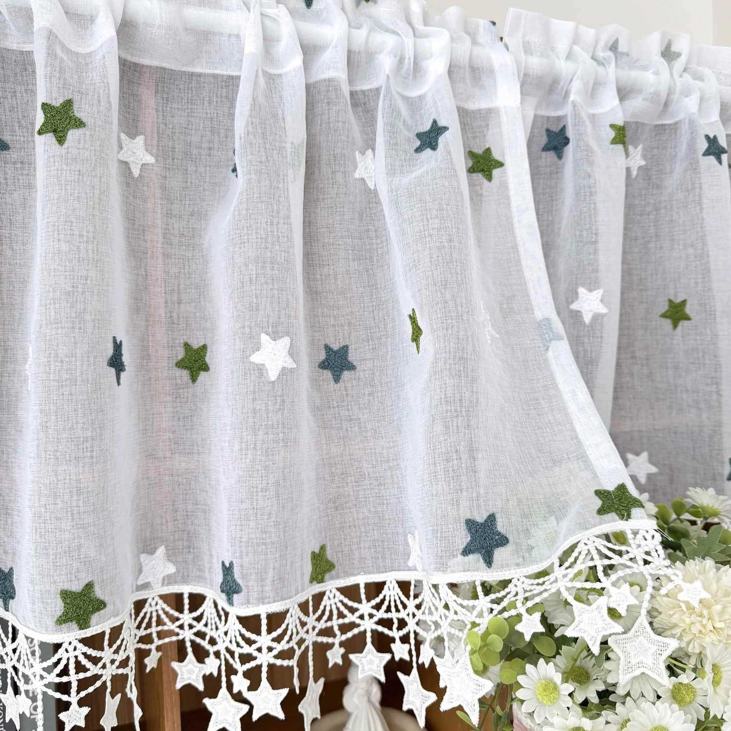 Curtain Christmas 1PC Modern Green Stars Embroidery Short Curtain for Kitchen Mesh Voile Window Drape With Lace Home Decoration Cafe Y251126