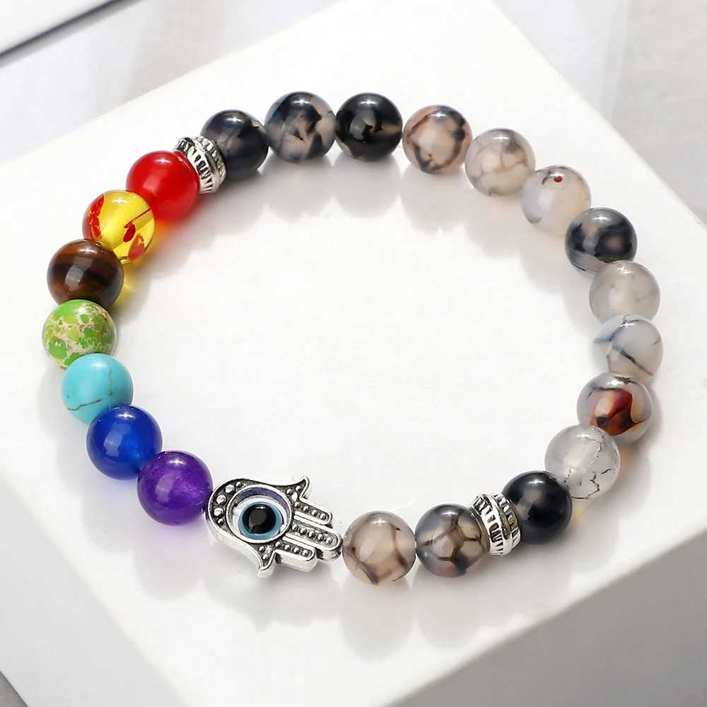 7 Chakras Men Natural Tiger Eye Stone Lava Onyx Agates Beads Turkish Evil Eye Hand Of Fatima Jewelry Bangles C251105