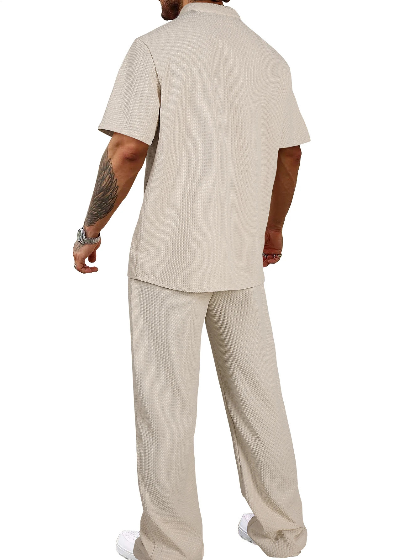 Leisure 2-piece spring/summer mesh fabric short sleeved drawstring pants set 250427