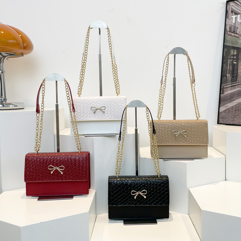 2025 Spring New Women's Bow Knot Lock Clasp Mini Square Bag Woven Texture Shoulder Bag with Detachable Chain Strap Crossbody Purse