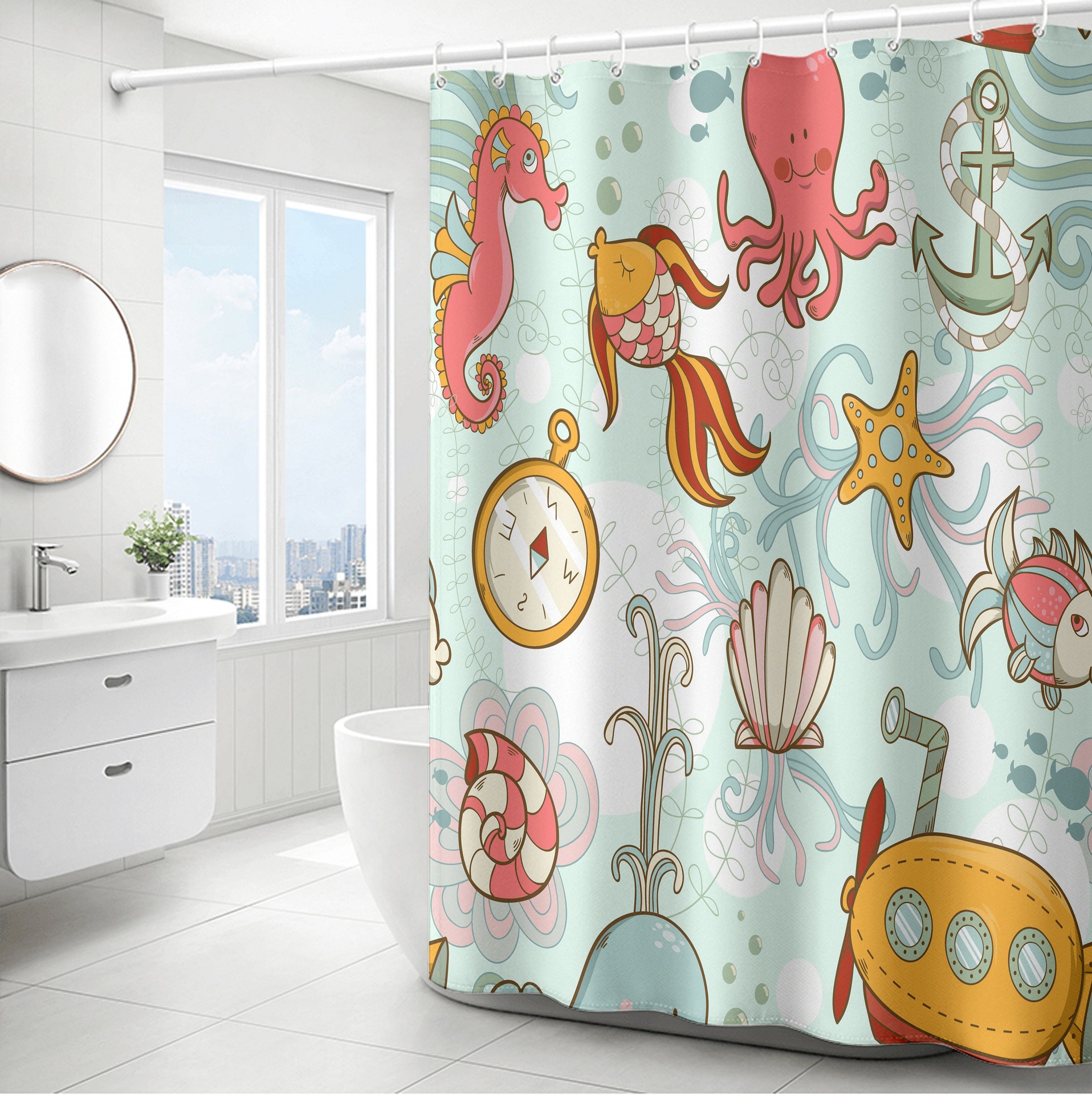 YL-37817 Polyester Ocean Print Thickened Waterproof Shower Curtain - Multiple Styles Available for Wholesale Bathroom Curtains