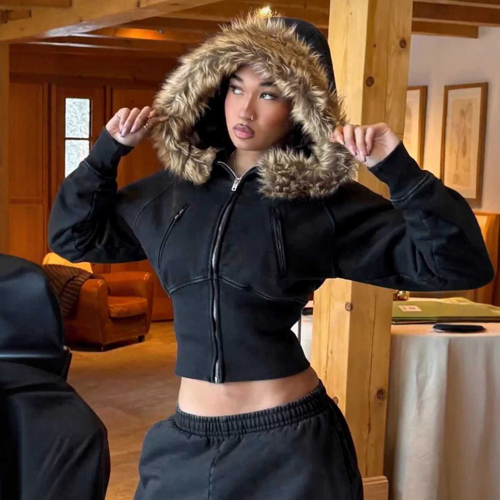 Autumn Winter Vintage Brown Short Hooded Jacket Womens Full Sleeve Slim Detachable Fur Collar Warm 2025 NEW Female Y2k OutwearsXJ251127