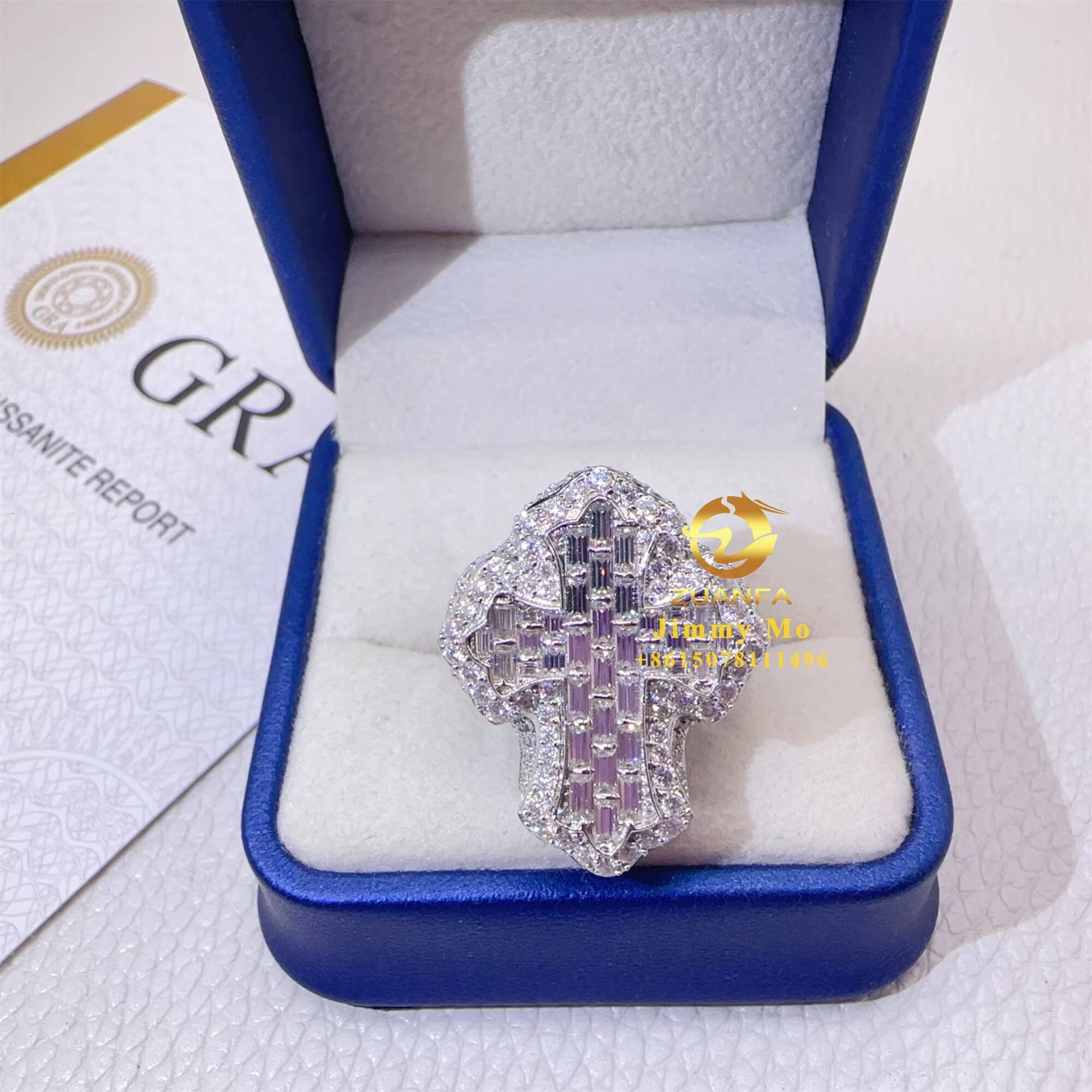 New Arrivals GRA Certificates Pass Diamond Tester White Gold Plated 925 Silver Hip Hop VVS1 Moissanite Diamond Cross Ring Man