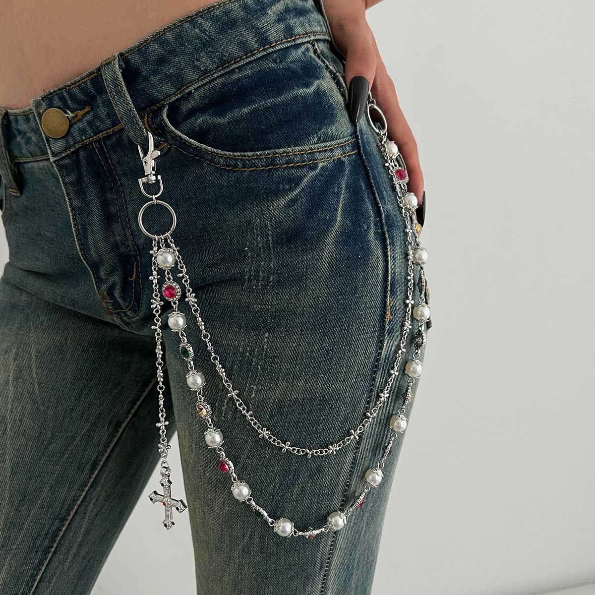 Ingemark Exquisite Luxury Imitation Pearl Acrylic Rhinestone Pants Chain Women Punk HipHop Cross Pendant Jeans Chain Men JewelryT251127