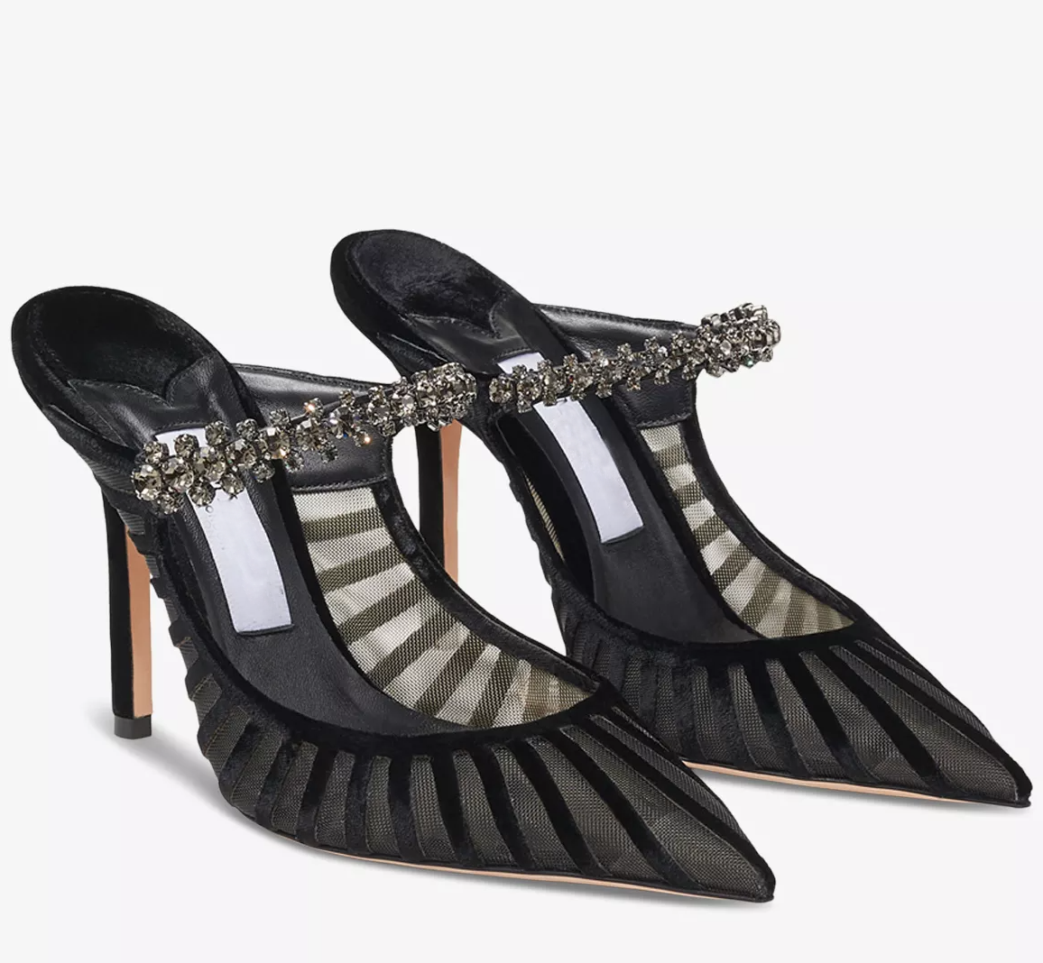 Top Luxury Women Bing Sandals Shoes Crystals Strappy Mesh & Velvet Mules Pointed Toe High Heels Lady Evening Dress Elegant Walking