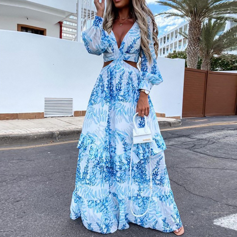 2025 women's new long skirt commuting hollow V-neck floral high waist swing dress for women 661