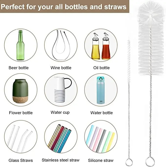Straw cleaner drinking straw cleaning brush kit nylon stainless steel long handled 250425