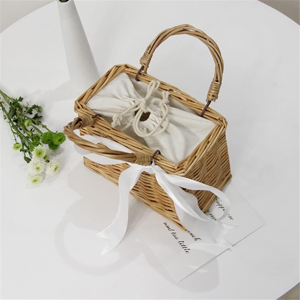 Bow woven rattan straw top handle wicker basket handbag bohemian style beach bag wer basket, brown