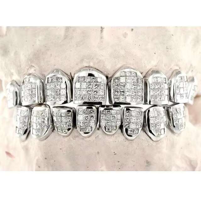 Princess Cut Solitaire 925 Silver invisible setting moissanite teeth Grillz with 8 top 8 bottom