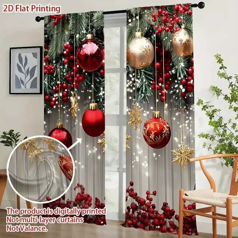 Curtain Christmas 2pcs - Christmas pine branches Christmas balloons print curtains pole bag curtains home decoration room decoration Y251126