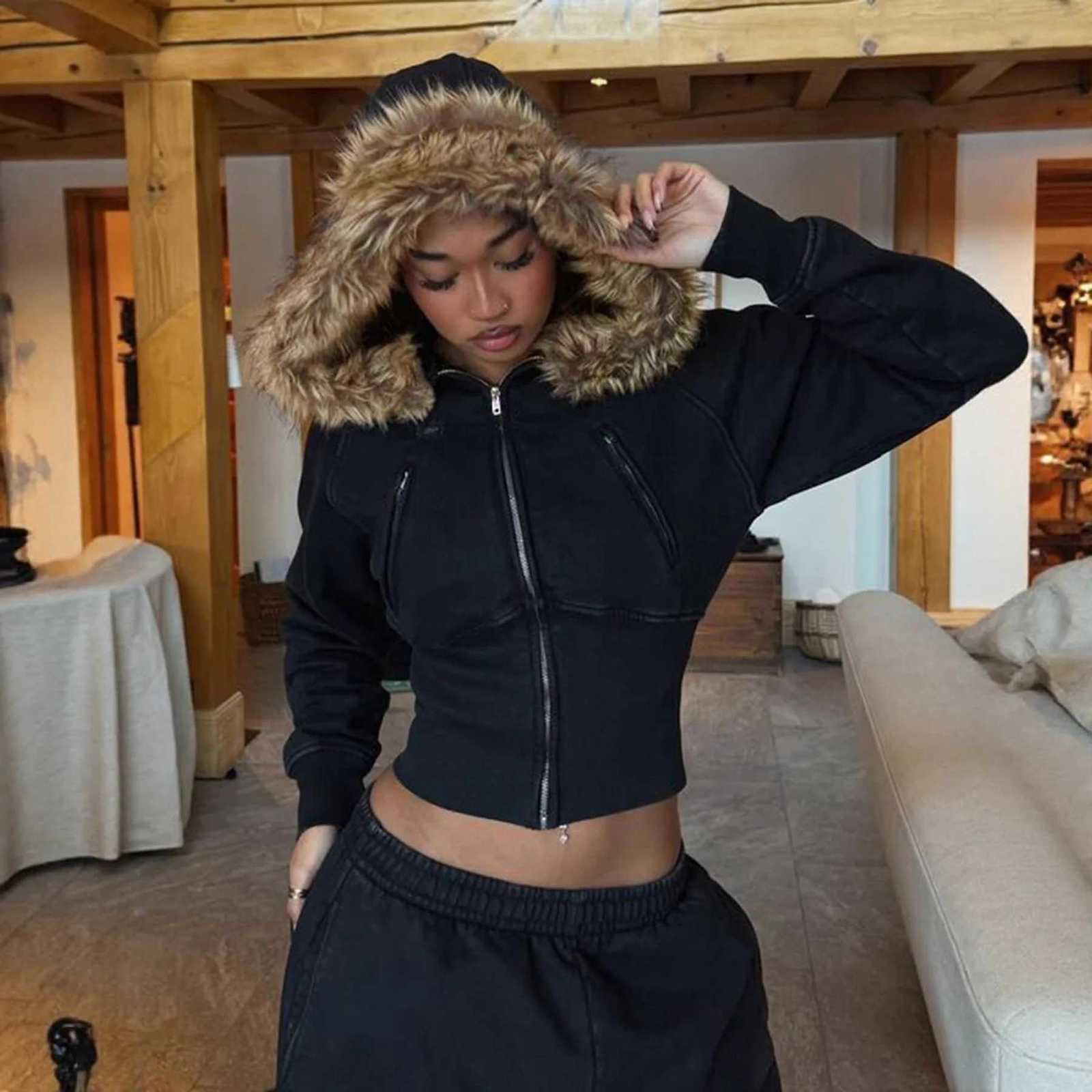 Autumn Winter Vintage Brown Short Hooded Jacket Womens Full Sleeve Slim Detachable Fur Collar Warm 2025 NEW Female Y2k OutwearsXJ251127