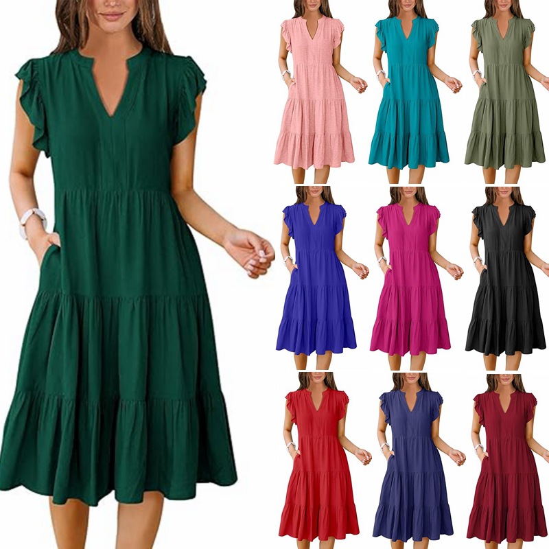 G616Women's V-neck lotus leaf sleeve mid-length stitching large swing pocket dress