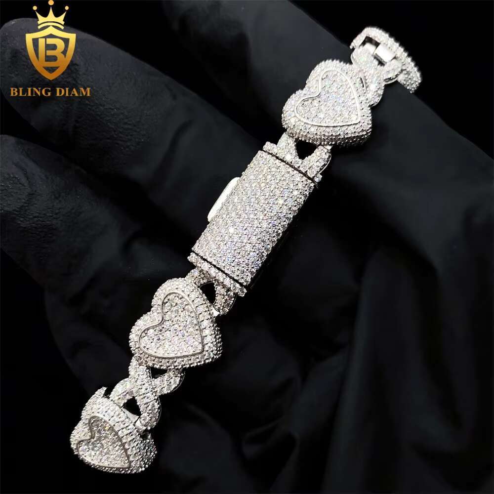 Bling Diam 9mm 925 Sterling Silver VVS Moissanite Iced Out Gold Plated Cuban Link Heart Shape Bracelet Hip Hop Jewelry